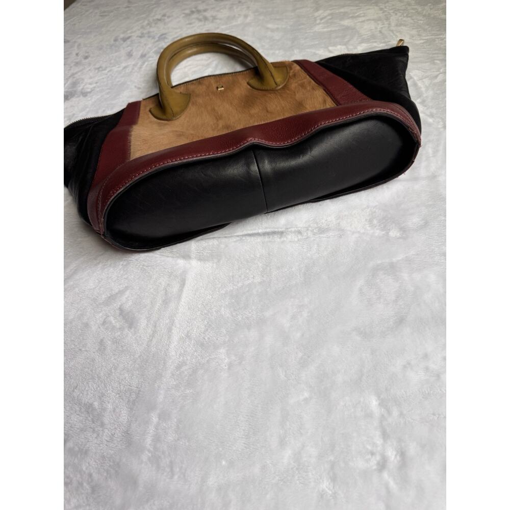 Pour La Victoire Calf Pony Hair Leather Colorblock Tote Bag Burgundy Black - Picture 7 of 13